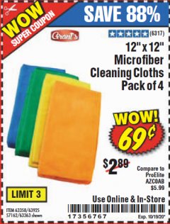 Harbor Freight Coupon GRANT'S 12" X 12" MICROFIBER CLEANING CLOTHS PACK OF 12 Lot No. 63357/63361/57161/63362 Expired: 10/19/20 - $0.69