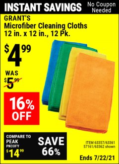 Harbor Freight Coupon GRANT'S 12" X 12" MICROFIBER CLEANING CLOTHS PACK OF 12 Lot No. 63357/63361/57161/63362 Expired: 7/22/21 - $4.99