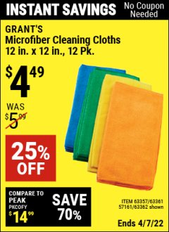 Harbor Freight Coupon GRANT'S 12" X 12" MICROFIBER CLEANING CLOTHS PACK OF 12 Lot No. 63357/63361/57161/63362 Expired: 4/7/22 - $4.49
