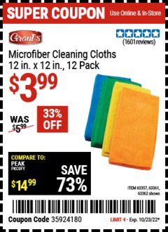 Harbor Freight Coupon GRANT'S 12" X 12" MICROFIBER CLEANING CLOTHS PACK OF 12 Lot No. 63357/63361/57161/63362 Expired: 10/23/22 - $3.99
