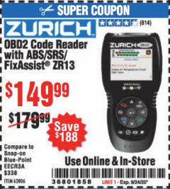 Harbor Freight Coupon ZURICH OBD2 CODE READER WITH ABS/SRS/FIXASSIST® ZR13 Lot No. 63806 Expired: 9/24/20 - $149.99