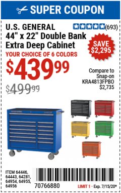 Harbor Freight Coupon U.S. GENERAL 44" X 22" DOUBLE BANK EXTRA DEEP CABINETS (ALL COLORS) Lot No. 64446/64443/64281/64954/64955/64956 Expired: 7/15/20 - $439.99