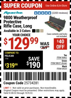 Harbor Freight FREE Coupon APACHE 9800 WATERPROOF PROTECTIVE RIFLE CASES (BLACK/TAN) Lot No. 64520/56862 Expired: 10/9/22 - FWP