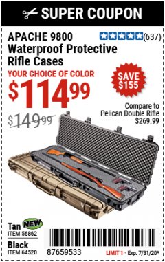 Harbor Freight Coupon APACHE 9800 WATERPROOF PROTECTIVE RIFLE CASES (BLACK/TAN) Lot No. 64520/56862 Expired: 7/31/20 - $114.99