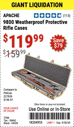 Harbor Freight Coupon APACHE 9800 WATERPROOF PROTECTIVE RIFLE CASES (BLACK/TAN) Lot No. 64520/56862 Expired: 9/30/20 - $119.99