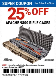 Harbor Freight Coupon APACHE 9800 WATERPROOF PROTECTIVE RIFLE CASES (BLACK/TAN) Lot No. 64520/56862 Expired: 1/28/21 - $25