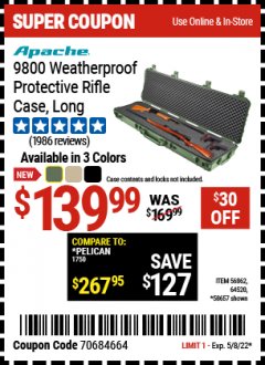 Harbor Freight Coupon APACHE 9800 WATERPROOF PROTECTIVE RIFLE CASES (BLACK/TAN) Lot No. 64520/56862 Expired: 5/8/22 - $139.99