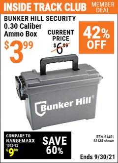 Harbor Freight ITC Coupon BUNKER HILL 0.30 CAL. AMMO BOX Lot No. 63135/61451 Expired: 9/30/21 - $3.99