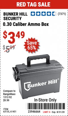 Harbor Freight Coupon BUNKER HILL 0.30 CAL. AMMO BOX Lot No. 63135/61451 Expired: 8/31/20 - $3.49