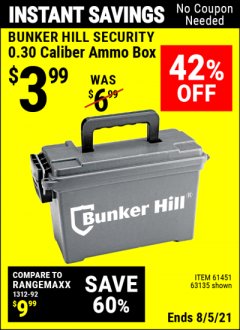 Harbor Freight Coupon BUNKER HILL 0.30 CAL. AMMO BOX Lot No. 63135/61451 Expired: 8/5/21 - $3.99