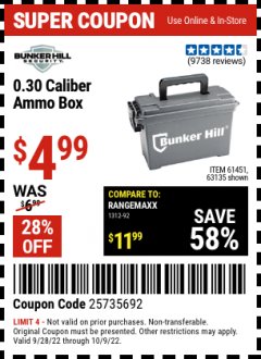 Harbor Freight Coupon BUNKER HILL 0.30 CAL. AMMO BOX Lot No. 63135/61451 Expired: 10/9/22 - $4.99