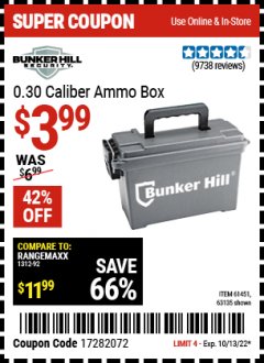 Harbor Freight Coupon BUNKER HILL 0.30 CAL. AMMO BOX Lot No. 63135/61451 Expired: 10/13/22 - $3.99