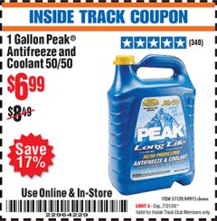 Harbor Freight ITC Coupon PEAK LONG LIFE COOLANT Lot No. 69915 Expired: 7/31/20 - $6.99