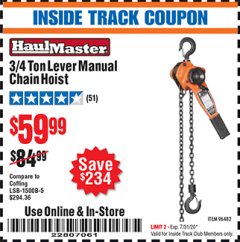 Harbor Freight ITC Coupon 3/4 TON LEVER MANUAL CHAIN HOIST Lot No. 96482 Expired: 7/31/20 - $59.99