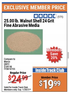 Harbor Freight ITC Coupon 25 LB. FINE GRADE WALNUT SHELL BLAST MEDIA Lot No. 92155 Expired: 1/28/21 - $19.99