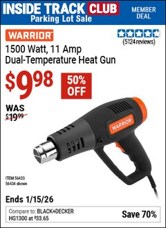 Harbor Freight ITC Coupon WARRIOR 1500 WATT, 11 AMP DUAL-TEMPERATURE HEAT GUN Lot No. 56434/56433 Expired: 1/15/26 - $9.98