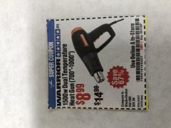 Harbor Freight Coupon WARRIOR 1500 WATT DUAL TEMPERATURE HEAT GUN Lot No. 56433/56434 Expired: 10/11/20 - $8.99