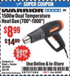 Harbor Freight Coupon WARRIOR 1500 WATT DUAL TEMPERATURE HEAT GUN Lot No. 56433/56434 Expired: 9/24/20 - $8.99