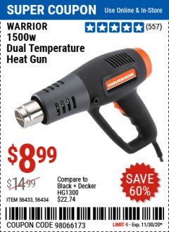 Harbor Freight Coupon WARRIOR 1500 WATT DUAL TEMPERATURE HEAT GUN Lot No. 56433/56434 Expired: 11/30/20 - $8.99