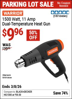 Harbor Freight Coupon WARRIOR 1500 WATT, 11 AMP DUAL-TEMPERATURE HEAT GUN Lot No. 56434/56433 Expired: 3/8/26 - $9.96