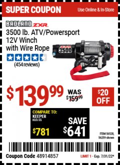 Harbor Freight Coupon BADLAND ZXR 2500LB. CAPACITY ATV/UTILITY ELECTRIC WINCH WITH WIRELESS REMOTE CONTROL Lot No. 56529 56258 Expired: 7/31/22 - $139.99