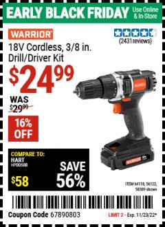 Harbor Freight Coupon WARRIOR 18V LITHIUM-ION 3/8" DRILL/DRIVER KIT Lot No. 56122/64118 Expired: 11/23/22 - $24.99