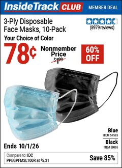 Harbor Freight Coupon 3-PLY DISPOSABLE FACE MASKS, 10-PACK Lot No. 57593/58065 Valid: 12/31/69 - 10/1/26 - $0.78