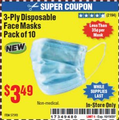 Harbor Freight Coupon 3-PLY DISPOSABLE FACE MASKS, 10-PACK Lot No. 57593/58065 Expired: 10/19/20 - $3.49