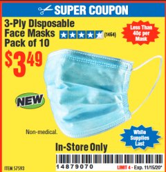 Harbor Freight Coupon 3-PLY DISPOSABLE FACE MASKS, 10-PACK Lot No. 57593/58065 Expired: 11/15/20 - $3.49