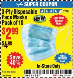 Harbor Freight Coupon 3-PLY DISPOSABLE FACE MASKS, 10-PACK Lot No. 57593/58065 Expired: 12/18/20 - $2.99