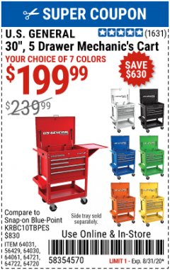 Harbor Freight Coupon U.S. GENERAL 30", 5 DRAWER MECHANIC'S CART Lot No. 64031 Expired: 8/31/20 - $199.99
