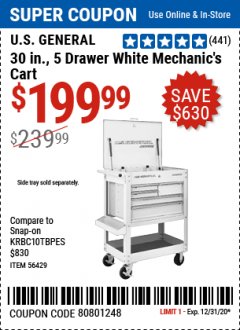 Harbor Freight Coupon U.S. GENERAL 30", 5 DRAWER MECHANIC'S CART Lot No. 64031 Expired: 12/31/20 - $199.99
