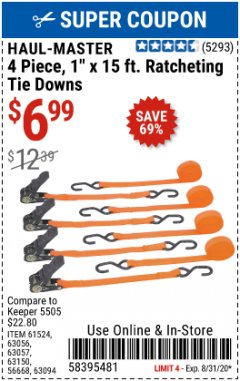 Harbor Freight Coupon 4 PC. TIE DOWN Lot No. 63056/63094 Expired: 8/31/20 - $6.99