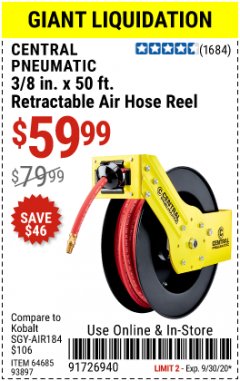 Harbor Freight Coupon CENTRAL PNEUMATIC 3/8" X 50 FT. RETRACTABLE AIR HOSE REEL Lot No. 64685/93897 Expired: 9/30/20 - $59.99