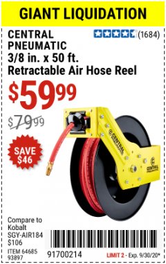 Harbor Freight Coupon CENTRAL PNEUMATIC 3/8" X 50 FT. RETRACTABLE AIR HOSE REEL Lot No. 64685/93897 Expired: 9/30/20 - $59.99