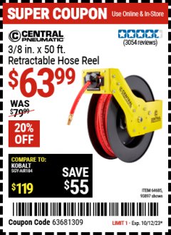 Harbor Freight Coupon CENTRAL PNEUMATIC 3/8" X 50 FT. RETRACTABLE AIR HOSE REEL Lot No. 64685/93897 Expired: 10/12/23 - $63.99