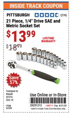 Harbor Freight ITC Coupon 21 PIECE, 1/4” DRIVE SAE/METRIC SOCKET SET Lot No. 62303/93573/67905 Expired: 8/31/20 - $13.99