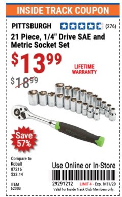 Harbor Freight ITC Coupon 21 PIECE, 1/4” DRIVE SAE/METRIC SOCKET SET Lot No. 62303, 93573, 67905 Expired: 8/31/20 - $13.99