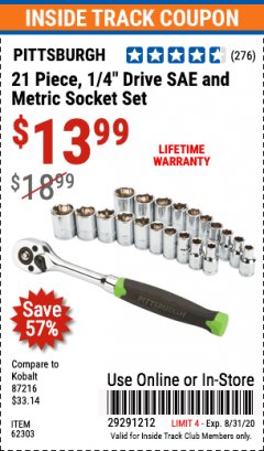 Harbor Freight ITC Coupon 21 PIECE, 1/4” DRIVE SAE/METRIC SOCKET SET Lot No. 62303/93573/67905 Expired: 8/31/20 - $13.99