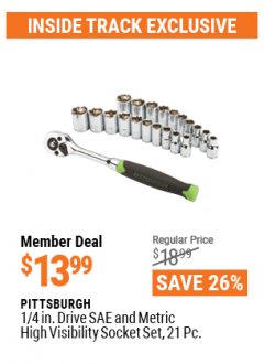 Harbor Freight ITC Coupon 21 PIECE, 1/4” DRIVE SAE/METRIC SOCKET SET Lot No. 62303/93573/67905 Expired: 4/29/21 - $13.99