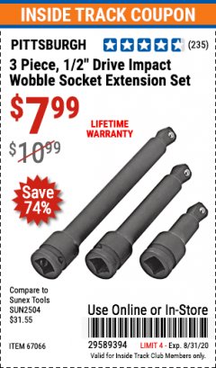 Harbor Freight ITC Coupon 3 PIECE 1/2" DRIVE IMPACT WOBBLE SOCKET EXTENSION SET Lot No. 67066 Expired: 8/31/20 - $7.99