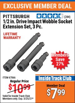 Harbor Freight ITC Coupon 3 PIECE 1/2" DRIVE IMPACT WOBBLE SOCKET EXTENSION SET Lot No. 67066 Expired: 3/25/21 - $7.99