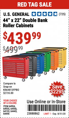 Harbor Freight Coupon 44" X 22" DOUBLE BANK ROLLER CABINETS Lot No. 64954/64955/64956/64133/64443/64446 Expired: 8/31/20 - $439.99