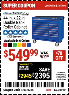 Harbor Freight Coupon 44" X 22" DOUBLE BANK ROLLER CABINETS Lot No. 64954/64955/64956/64133/64443/64446 Expired: 7/31/22 - $549.99