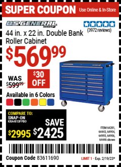 Harbor Freight Coupon 44" X 22" DOUBLE BANK ROLLER CABINETS Lot No. 64954/64955/64956/64133/64443/64446 Expired: 2/10/23 - $569.99