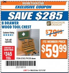 Harbor Freight ITC Coupon WINDSOR DESIGN 8-DRAWER WOOD TOOL CHEST Lot No. 62585/94538 Expired: 12/11/18 - $59.99
