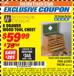 Harbor Freight ITC Coupon EIGHT DRAWER WOOD TOOL CHEST Lot No. 62585/94538 Expired: 1/31/19 - $59.99