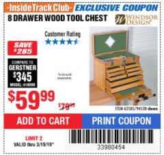 Harbor Freight ITC Coupon WINDSOR DESIGN 8-DRAWER WOOD TOOL CHEST Lot No. 62585/94538 Expired: 3/19/19 - $59.99