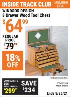 Harbor Freight ITC Coupon EIGHT DRAWER WOOD TOOL CHEST Lot No. 62585/94538 Expired: 8/26/21 - $64.99