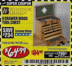 Harbor Freight Coupon EIGHT DRAWER WOOD TOOL CHEST Lot No. 62585/94538 Expired: 6/30/20 - $64.99